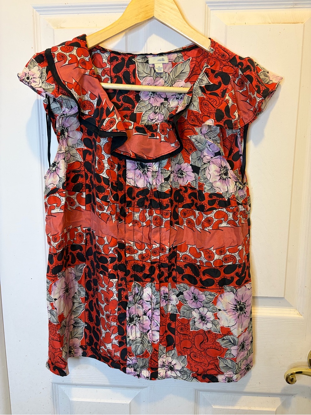 Anthropologie Odille Coral and Black Floral Ruffle 100% Silk Cap-Sleeve Blouse